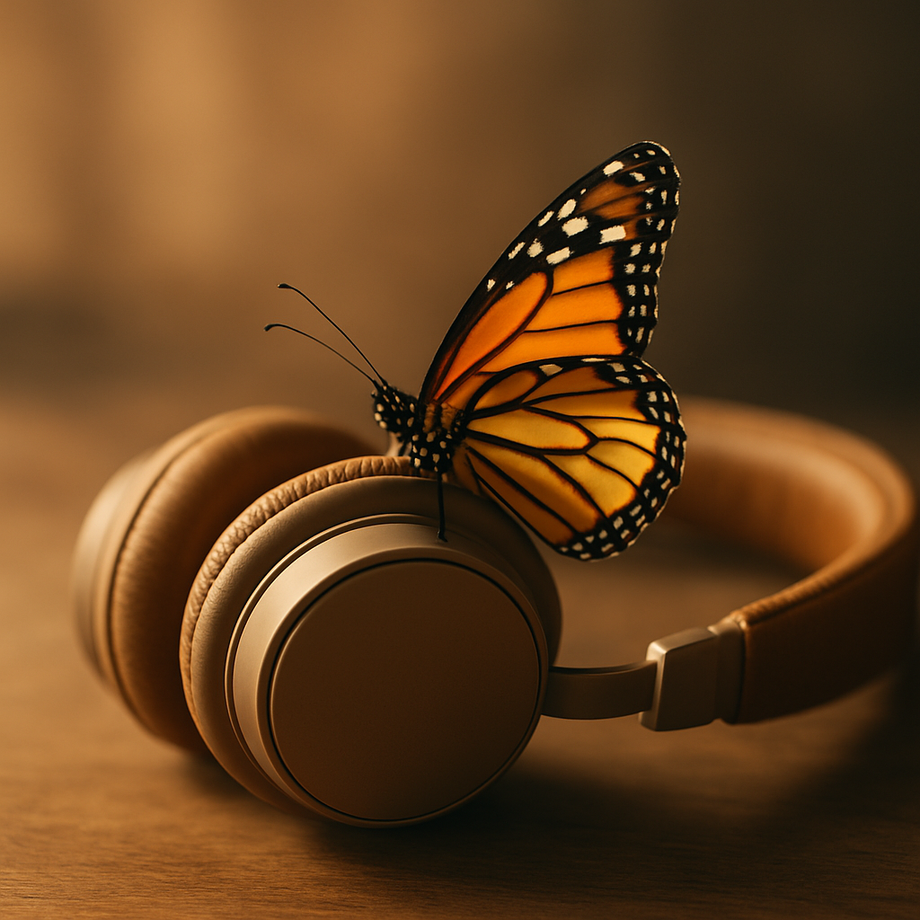 Orange butterfly resting on headphones symbolising the transformational power of deep listening and feeling heard