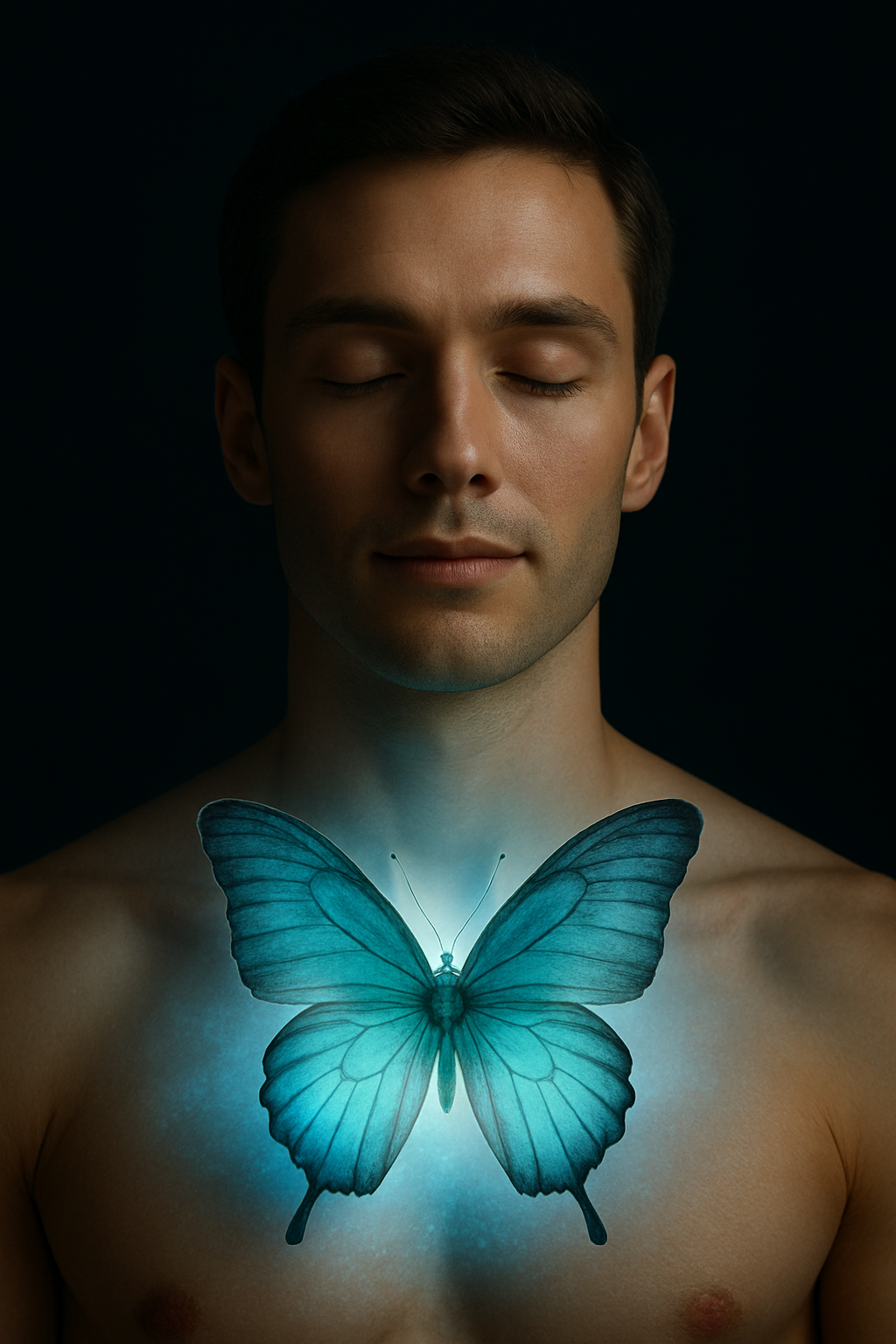 Person in peaceful meditation with glowing teal butterfly emerging from chest representing inner transformation