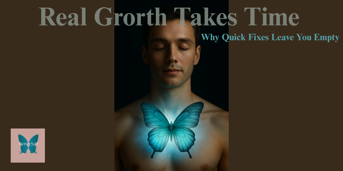 Growth Takes Time - Personal Transformation - BetterSelf Coaching Blog Person in peaceful meditation with glowing teal butterfly emerging from chest representing inner transformation
