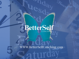 Logo Betterself coaching with background in blue with a clock and days of the week.